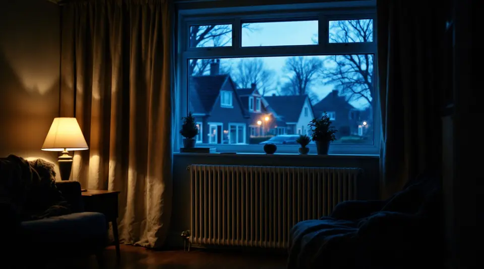 Een woonkamer in een rijtjeshuis bij schemering, met een witte radiator onder het raam, half gesloten gordijnen en een leesstoel met een deken