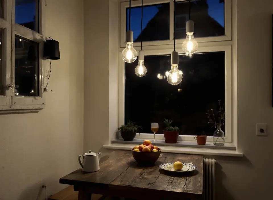 Een kleine keuken met eethoek in de avond, met vier hanglampen met warmwitte lampen boven een eikenhouten tafel