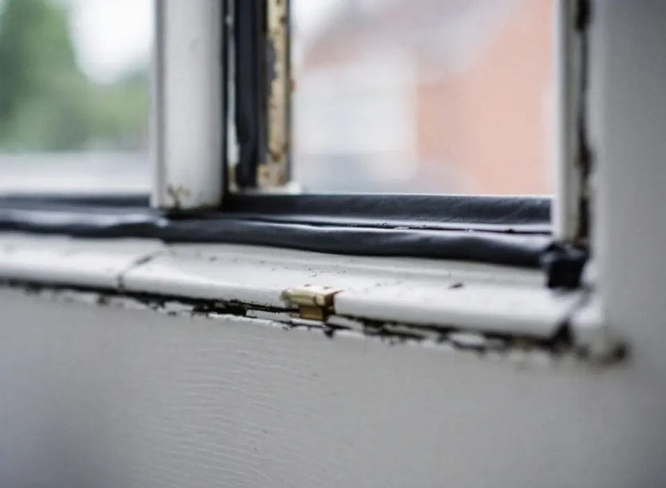 Een open wit houten raam, met een zwarte rubberen tochtstrip langs de binnenrand van het kozijn