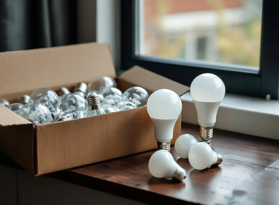 Een schoenendoos met oude gloeilampen en halogeenlampen naast een paar nieuwe ledlampen op een houten tafel