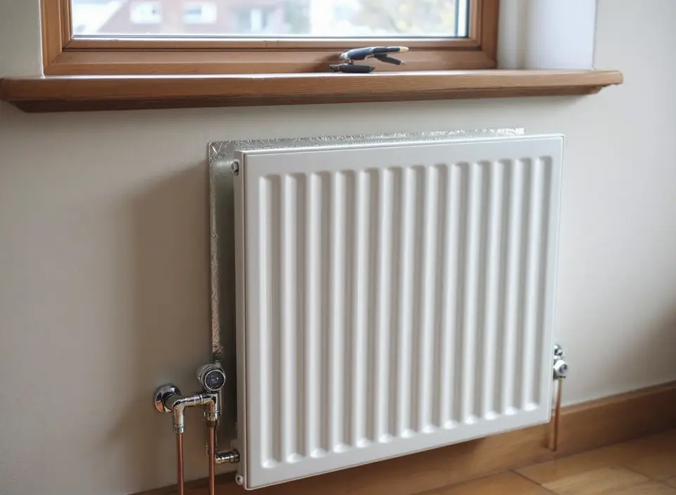 Een witte paneelradiator onder een raam, schuin van opzij gezien, met kraan en koperen leidingen, en zilverkleurige radiatorfolie op de muur erachter