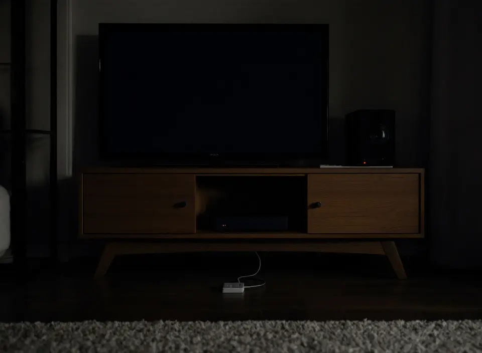 Een donkere woonkamer in de nacht, met een tv-meubel waarop kleine rode stand-bylampjes branden en een stekkerdoos met schakelaar erachter